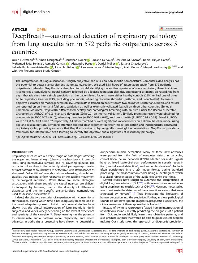 First page of the DeepBreath paper in Nature Digital Medicine